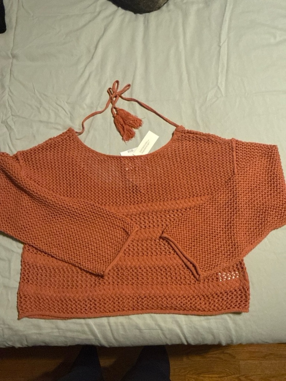 American Eagle Outfitters Rust Open-Weave Knit Sweater with Tassel Tie